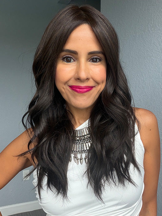 Lorena @faux.hurr.lifee wearing POSH WAVEZ by LORENA in color DARK CHOCOLATE | Dark Brown and Medium Brown Evenly Blended
