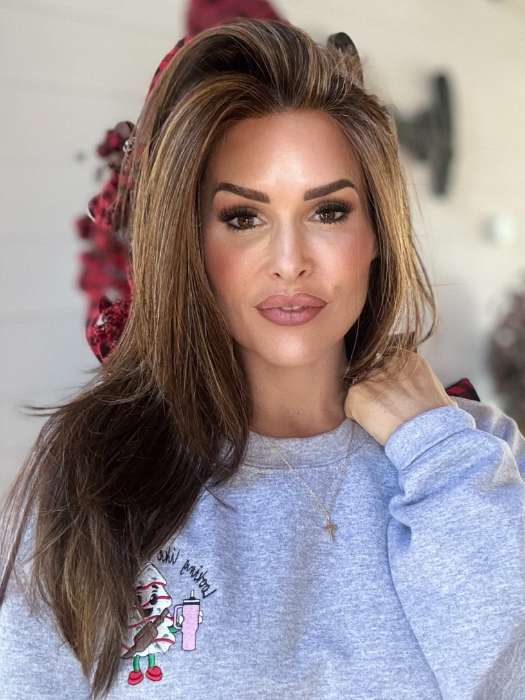 Crystal @thehairhoneys wearing SCENE STEALER by RAQUEL WELCH WIGS in color RL8/29SS SHADED HAZELNUT | Warm Medium Brown Evenly Blended with Ginger Blonde and Dark Roots
