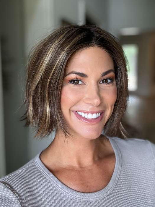 Katy C. @thewigeducator wearing KENNEDY by ESTETICA in color CARMKISSM | Golden Brown with Light Copper Blonde Highlights
