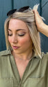 Jen wearing SANTA MONICA by BELLETRESS in CRUSHED ALMOND BLONDE R | A soft Neutral Light Blonde with a Light and Medium Blended Root Color.