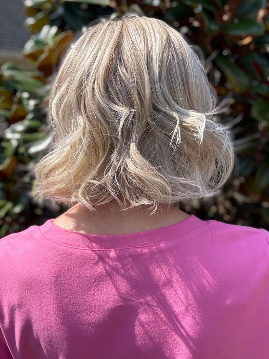 Eileen @crazywiglady is wearing VICTORIA by BELLE TRESS in color BUTTERBEER R | Dark Brown Base and Root that transitions smoothly into a buttery blonde, infused with creamy honey and toffee tones