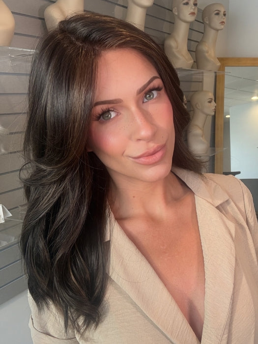 Madeline wearing NOTTINGHAM by BELLETRESS in TRIPLE CHOCOLATE R | A subtle Cappuccino root Color and a blend of Medium Ash Brown mixed with a slight warmth of Rich Chocolate