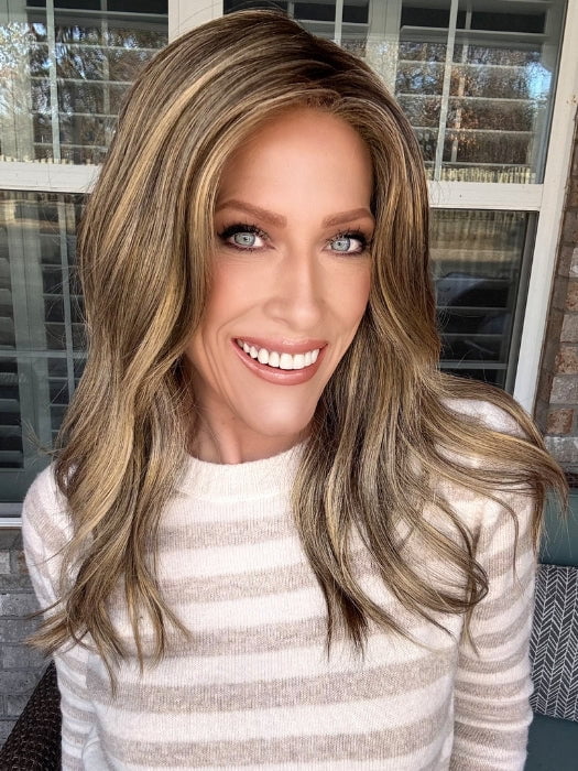 Kristyna wearing OLIVIA by JON RENAU in 24BT18S8 SHADED MOCHA | Medium Natural Ash Blonde & Light Natural Gold Blonde Blend, Shaded with Medium Brown