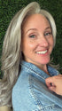 Carly wearing MARGO by RENE OF PARIS in SILVER STONE | Silver Medium Brown blend that transitions to more Silver then Medium Brown then to Silver Bangs
