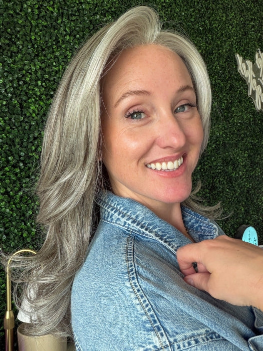 Carly wearing MARGO by RENE OF PARIS in SILVER STONE | Silver Medium Brown blend that transitions to more Silver then Medium Brown then to Silver Bangs