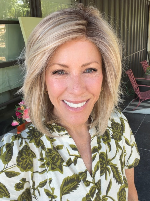 Shannon wearing PARK AVE by BELLETRESS in MILKSHAKE BLONDE R | A mixture of Light Sandy Brown, Highlighted with Light Ash Blonde with a Hint of Light Platinum Blonde with a Medium Root Color