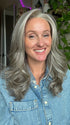 Carly wearing MARGO by RENE OF PARIS in SILVER STONE | Silver Medium Brown blend that transitions to more Silver then Medium Brown then to Silver Bangs