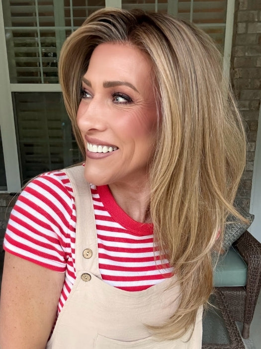 Kristyna wearing SPEARS by BELLETRESS in CARAMEL TOFFEE BLONDE-R | Toffee is a warm, dimensional shade blending medium brown with golden blonde and caramel highlights. Softly rooted for a natural, sun-kissed finish.
