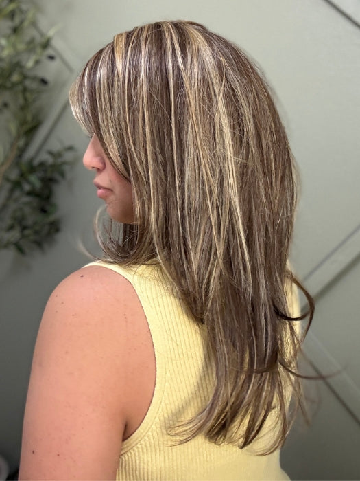 Arlah & Katrina wearing MIKI V by BELLETRESS in TOASTED WALNUT R | Medium Brown Rooted, Ash Brown, Medium Gold Blonde, and Light Brown Blended to perfection