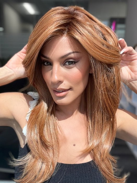 Roxie is wearing STELLA by BelleTress in color PUMPKIN PIE SPICE | A combination of Strawberry, Medium and Light Copper Red, Highlighted with Light Blond and Rooted with Medium Brown