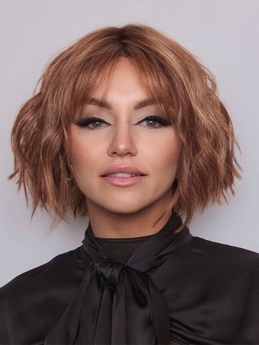 Model is wearing ROSANNA by RENE OF PARIS in color CARAMEL SWIRL | A blend of Warm Caramel, Chocolate Brown, Honey-Toned Blonde with Brown Roots