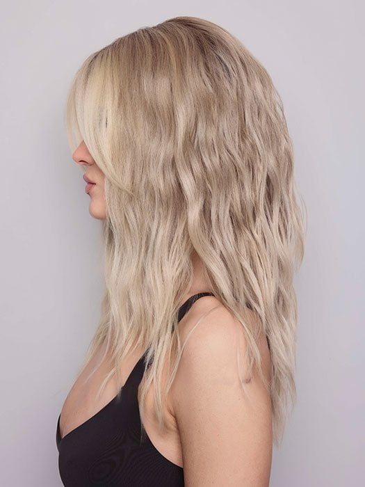 ROXIE by RENE OF PARIS in color BILLIONAIRE-BLOND | A chic, sophisticated shade with a rich mocha root melting into beige, ash, and cream blond tones. Face-framing cream and white blond highlights add a refined, upscale finish.