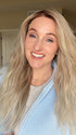 Carlyn @carlynwilson84 wearing ROXIE by RENE OF PARIS in color MUSHROOM-MELANGE | A modern mushroom blonde with a mid-brown root, featuring tones of cream, pale chocolate, and soft steel blonde.