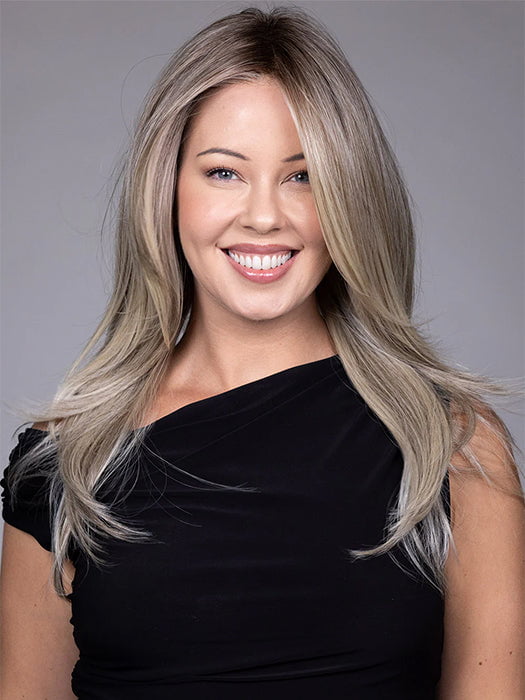 Model is wearing SPEARS in COOL CHAI BLONDE-R | A balanced cool blonde with softly contrasted darker roots, a fresh twist on classic blonde tones.