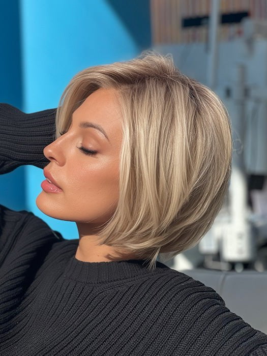 Roxie wearing STRAIGHT UP WITH A TWIST By RAQUEL WELCH in SS19/23 SHADED BISCUIT | Cool Platinum blonde with subtle highlights and medium brown roots PPC MAIN IMAGE