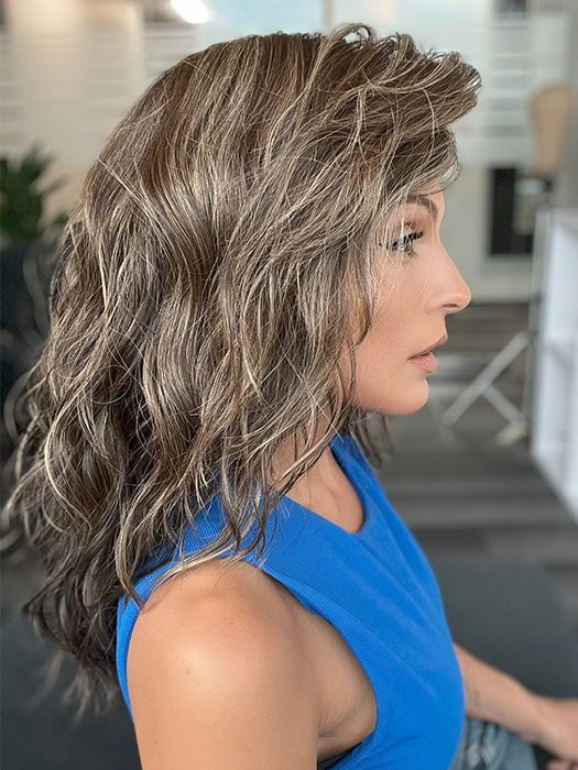 Model is wearing SERENA by ELLEN WILLE in color COFFEE BROWN MIX 6.8.4 | Dark Brown and Medium Brown with Darkest Brown Blend