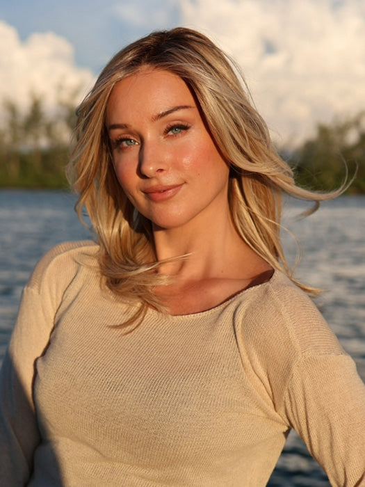 Heather @cjswigs wearing SEVILLE by BELLE TRESS in color MILKSHAKE BLONDE R | A mixture of Light Sandy Brown, Highlighted with Light Ash Blonde with a Hint of Light Platinum Blonde with a Medium Root Color