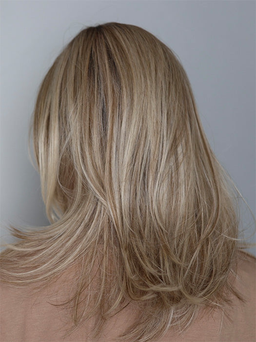 Heather @cjswigs wearing SEVILLE by BELLE TRESS in color MILKSHAKE BLONDE R | A mixture of Light Sandy Brown, Highlighted with Light Ash Blonde with a Hint of Light Platinum Blonde with a Medium Root Color