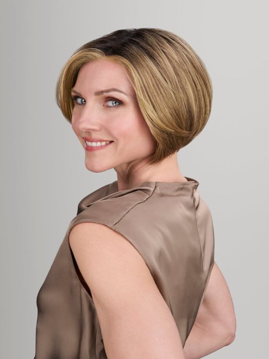 Model is wearing 24BT18S8 SHADED MOCHA | Medium Natural Ash Blonde & Light Natural Gold Blonde Blend, Shaded with Medium Brown