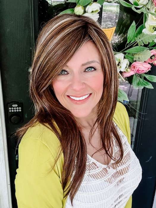 Marcie Mertz @wig.obsessed wearing SHILO by NORIKO in color ALMOND SPICE-R | Rooted Dark Brown with Medium Brown Base with Honey and Platinum Blonde Highlights