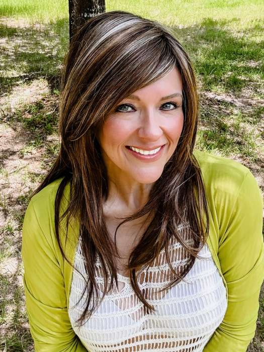 Marcie Mertz @wig.obsessed wearing SHILO by NORIKO in color ALMOND SPICE-R | Rooted Dark Brown with Medium Brown Base with Honey and Platinum Blonde Highlights