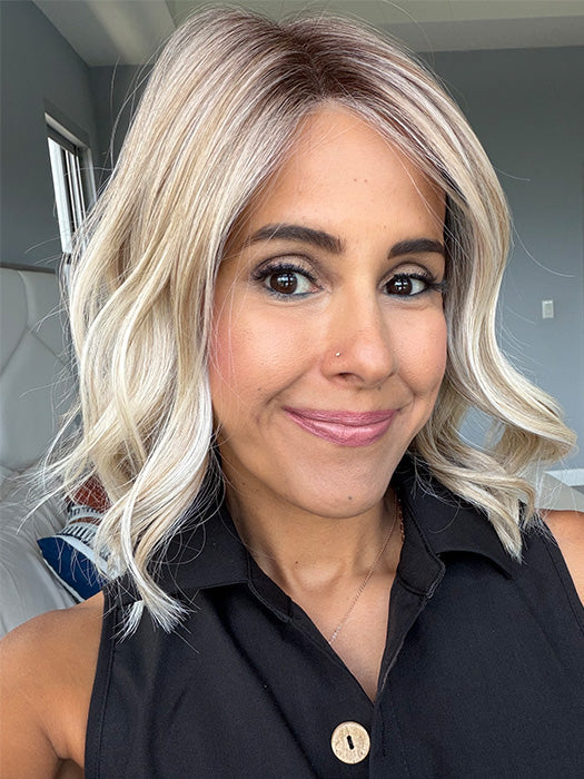 Lorena @faux.hurr.lifee wearing SIMMER ELITE by RAQUEL WELCH in color RL19/23SS SHADED BISCUIT | Light Ash Blonde Evenly Blended with Cool Platinum Blonde with Dark Roots