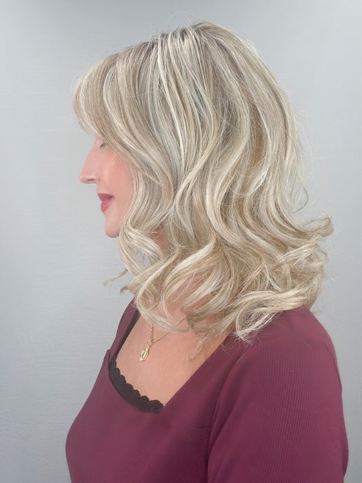 Kim Hammon @letstalkwithkim wearing SIMONE by BELLE TRESS in color BUTTERBEER R | Dark Brown Base and Root that transitions smoothly into a buttery blonde, infused with creamy honey and toffee tones