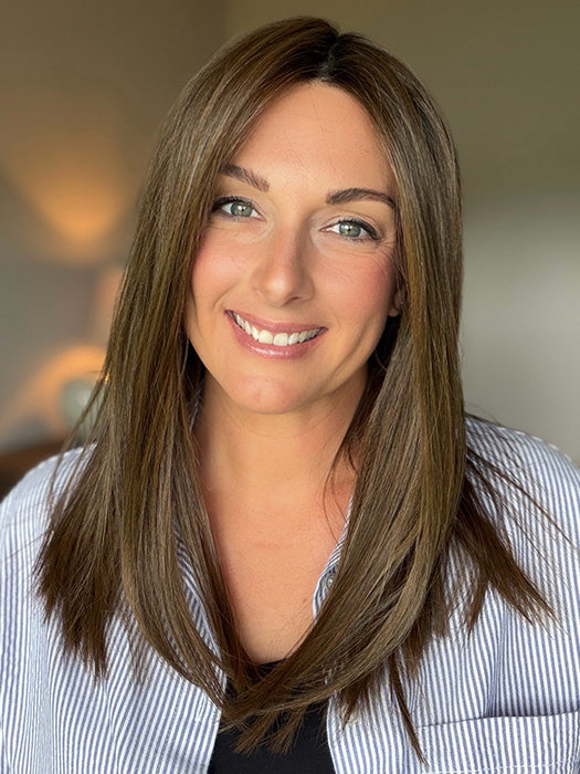 Ashley Hiemstra  @lifebeyondlocks is wearing SLEEK by ELLEN WILLE in color  CHOCOLATE ROOTED 830.27.6 | Medium and Dark Brown with Light Auburn and Dark Strawberry Blonde Blend with Shaded Roots