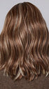 Model is wearing SMOOTH WAVEZ in color SNOWY UMBER R | Medium Ginger Brown base with White Blond highlights