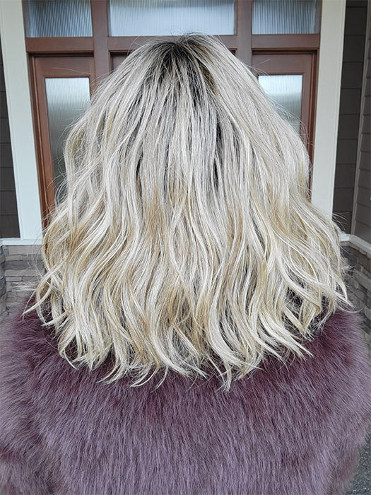 Natalie Gray @vanish.into.thin.hair wearing SOMERS by ESTETICA in color RH12/26RT4 | Light Brown with Chunky Golden Blonde Highlights & Dark Brown Roots