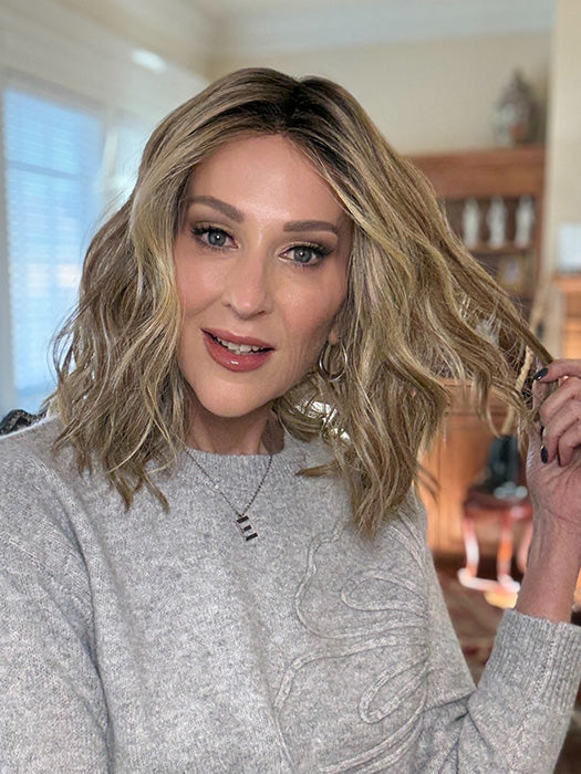 Eileen @crazywiglady is wearing SOMERS by ESTETICA in color RH12/26RT4 | Light Brown with Chunky Golden Blonde Highlights & Dark Brown Roots