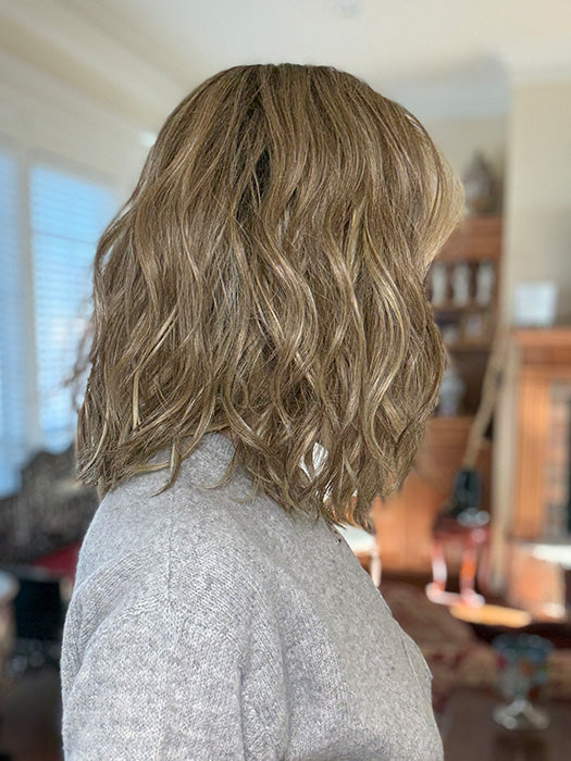 Eileen @crazywiglady is wearing SOMERS by ESTETICA in color RH12/26RT4 | Light Brown with Chunky Golden Blonde Highlights & Dark Brown Roots