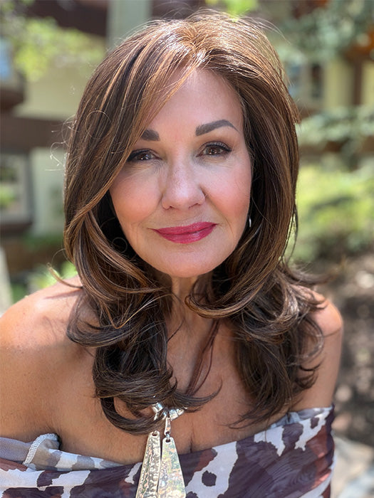 Ellen @agingwithellen is wearing BROOKLYN by BELLE TRESS in color MOCHA MAPLE BROWN | A mix of Dark Brown, Medium Brown, Light Auburn, Medium Strawberry