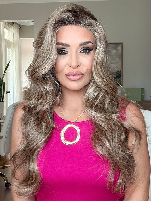 Crystal @thehairhoneys is wearing SOPHIA by BELLE TRESS in color BROWN-SUGAR-COOKIE-R | The Roots are a Rich Brown Tone that seamlessly transitions into a Warm Golden Brown