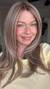 Rayann @50shadesofraaayyy wearing SPEARS by BELLE TRESS in color BROWN SUGAR BLONDE-R | A warm, dimensional blend of medium brown and golden blonde highlights with natural-looking darker roots for depth and a sun-kissed finish.