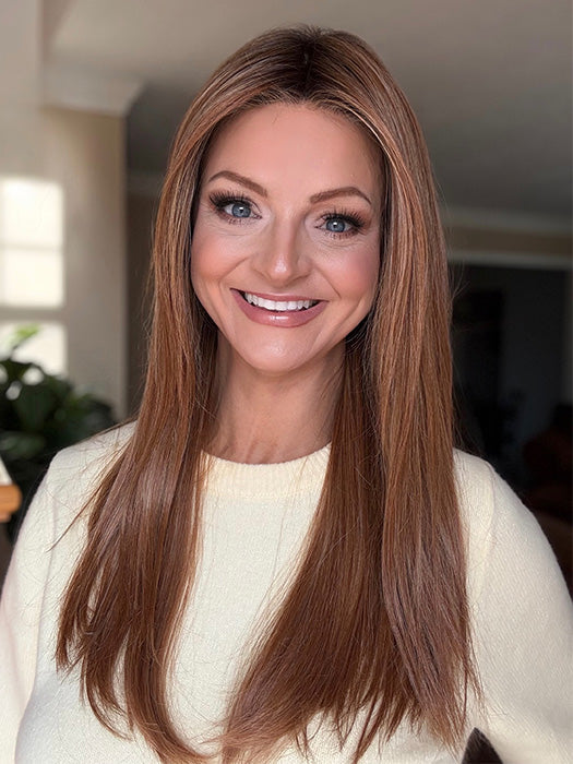 Sandy @i_be_wiggin wearing STAY OUT LATE by GABOR in color GF29-33SS ICED PUMPKIN SPICE | Strawberry Blonde shaded with Dark Red-Brown