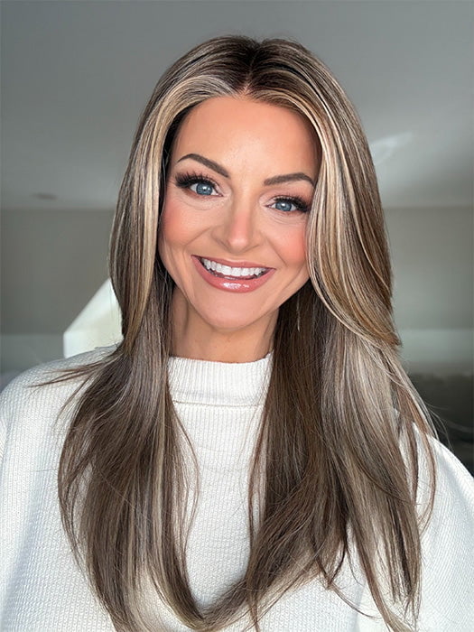 Sandy @i_be_wiggin wearing STELLA V by BELLE TRESS in color SUNKISSED ALMOND R | A blend of Medium and Light Brown with Light Gold Blonde Highlights and a hint of Cooler Blonde, rooted with Medium and Light Brown