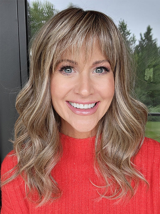 Natalie Gray @vanish.into.thin.hair is wearing SWIFT by BELLE TRESS in color BROWN SUGAR BLONDE-R | A warm, dimensional blend of medium brown and golden blonde highlights with natural-looking darker roots for depth and a sun-kissed finish.