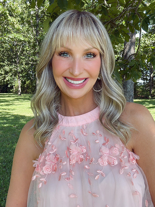 Kim Hammon @letstalkwithkim wearing SWIFT by BELLE TRESS in color COOL CHAI BLONDE-R | A balanced cool blonde with softly contrasted darker roots, a fresh twist on classic blonde tones.