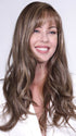Model is wearing TORY V by BelleTress in color TOASTED WALNUT R | Medium Brown Rooted, Ash Brown, Medium Gold Blonde, and Light Brown Blended to perfection