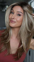 Heather @cjswigs wearing SIZZLE by TRESSALLURE in color EL12/22/8 | Light Golden Brown Evenly Blended with Platinum Blonde Highlights with Medium Brown Roots