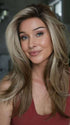 Heather @cjswigs wearing SIZZLE by TRESSALLURE in color EL12/22/8 | Light Golden Brown Evenly Blended with Platinum Blonde Highlights with Medium Brown Roots