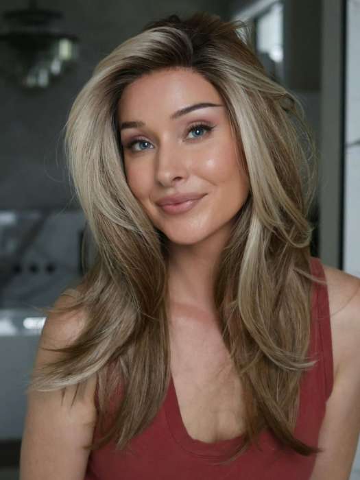 Heather @cjswigs wearing SIZZLE by TRESSALLURE in color EL12/22/8 | Light Golden Brown Evenly Blended with Platinum Blonde Highlights with Medium Brown Roots