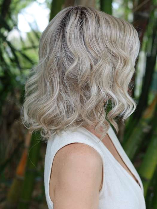 Heather @cjswigs wearing ECLAT by ELLEN WILLE in color PEARL-BLONDE-ROOTED 101.16.1001 | Pearl Platinum, Dark Ash Blonde, and Medium Honey Blonde mix