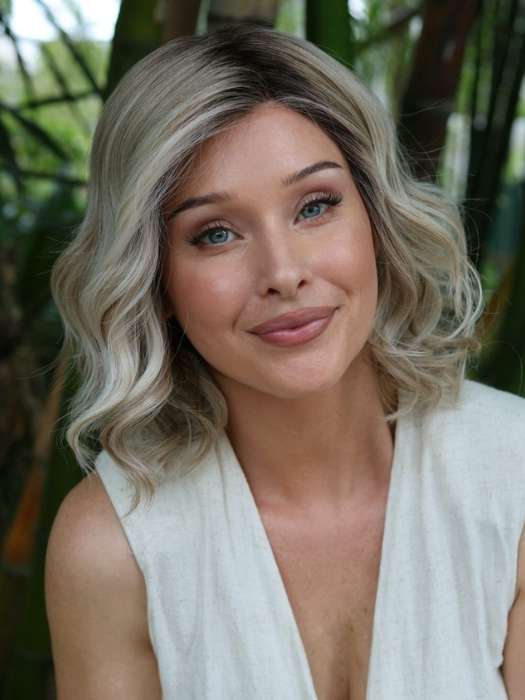 Heather @cjswigs wearing ECLAT by ELLEN WILLE in color PEARL-BLONDE-ROOTED 101.16.1001 | Pearl Platinum, Dark Ash Blonde, and Medium Honey Blonde mix