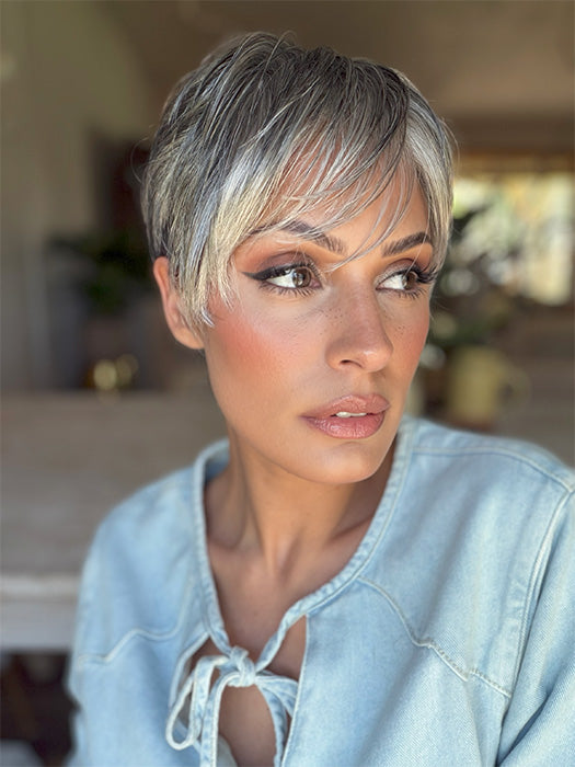 Roxie is wearing TESS by JON RENAU in color 92 MOONLIGHT | Pure White with 5% Medium Brown Front, Grey with 30% Medium Brown Middle, Dark Brown with 65% Grey Nape