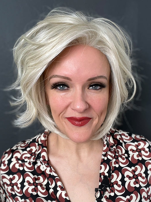 Marcie Mertz @wig.obsessed wearing TREND ALERT by RAQUEL WELCH in color GF16-22 ICED SWEET CREAM | Pale Blonde with Slight Platinum Highlighting