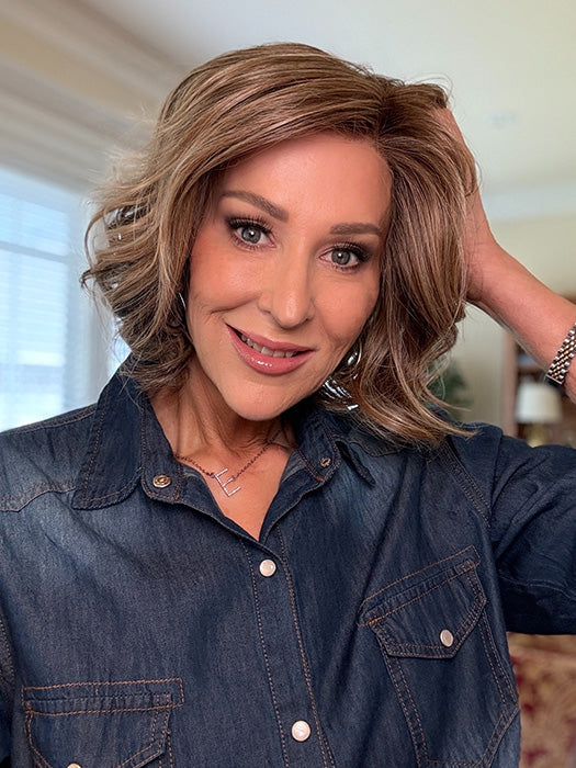 Eileen @crazywiglady is wearing TWAIN by BELLE TRESS in color BROWN SUGAR BLONDE-R | A warm, dimensional blend of medium brown and golden blonde highlights with natural-looking darker roots for depth and a sun-kissed finish.