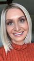 Emily H. @she_sheds_more wearing SANTA MONICA by BELLETRESS in color CRUSHED ALMOND BLONDE R | A soft Neutral Light Blonde with a Light and Medium Blended Root Color.
