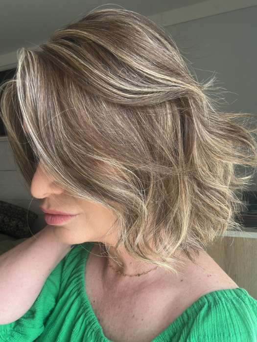 Emily H. @she_sheds_more wearing MISSONI by BelleTress in color TOASTED WALNUT R | Medium Brown Rooted, Ash Brown, Medium Gold Blonde, and Light Brown Blended to perfection